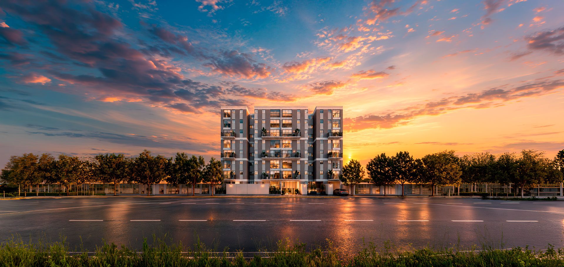 Fachada de Paseo Ícaro al atardecer
